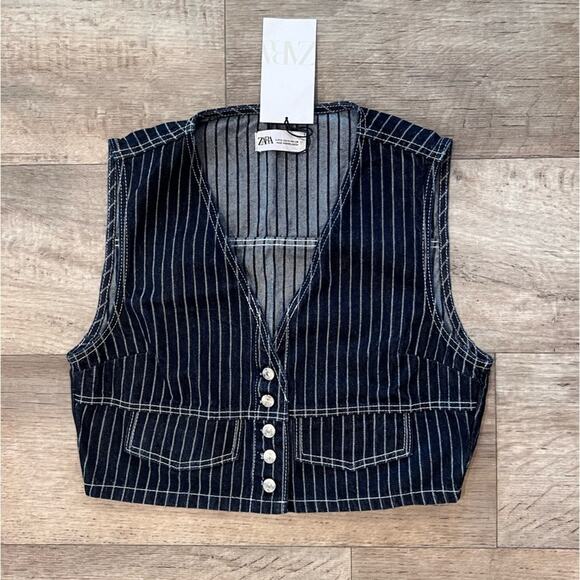 ZARA Cropped Sleeveless Vest NWT | Striped Button-Front Denim Look M - Picture 15 of 16